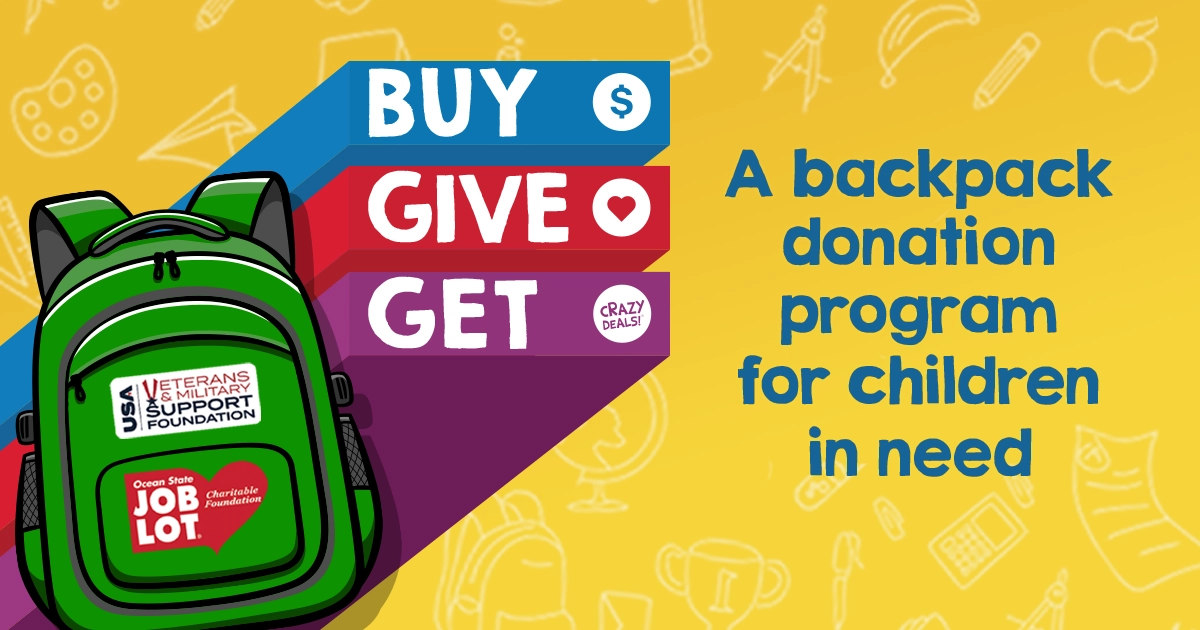 A graphic reads "Buy Give Get. A backpack donation program for children in need."