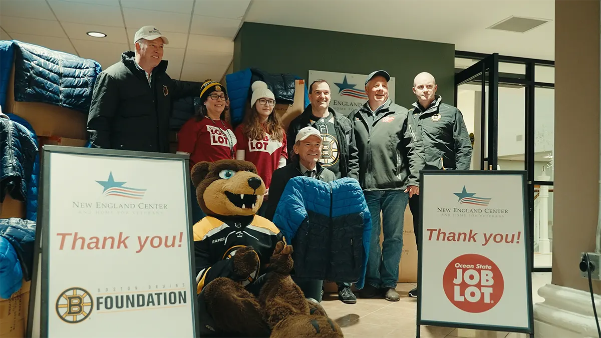 Bob Sweeney, Boston Bruins Foundation, and former Bruins player; Jessica Travassos, Assistant, Ocean State Job Lot (OSJL); Adrianna Travassos; Carlos Olivera, Buyer, OSJL; David Sarlitto, Executive Director, OSJL Charitable Foundation; John Whitesides, Director of Health, Fitness and Wellness, Boston Bruins.