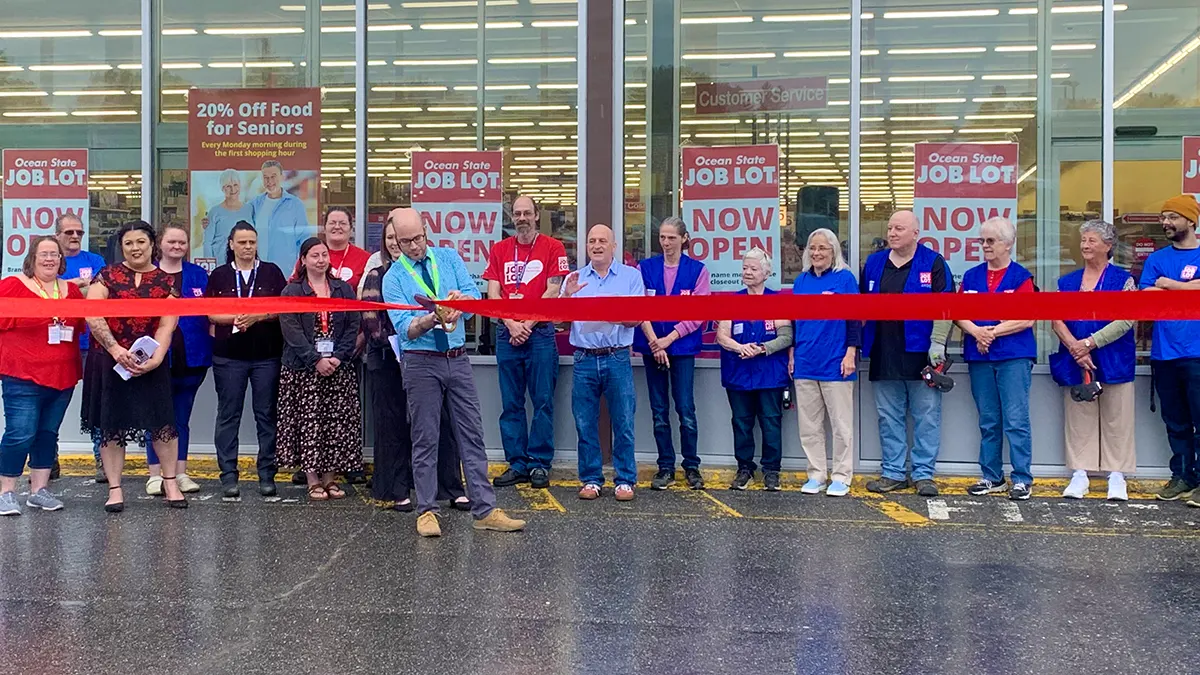 Ocean State Job Lot celebrated the grand opening of its new Morrisville, VT store with a ribbon-cutting ceremony attended by store team members and local officials, including Morristown Town Clerk/Treasurer Sara Haskins and Selectboard Chair Don McDowell.